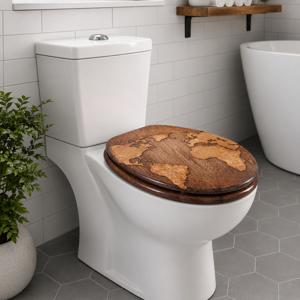 Abattant WC - carte du monde en bois-fermeture progressive soft close
